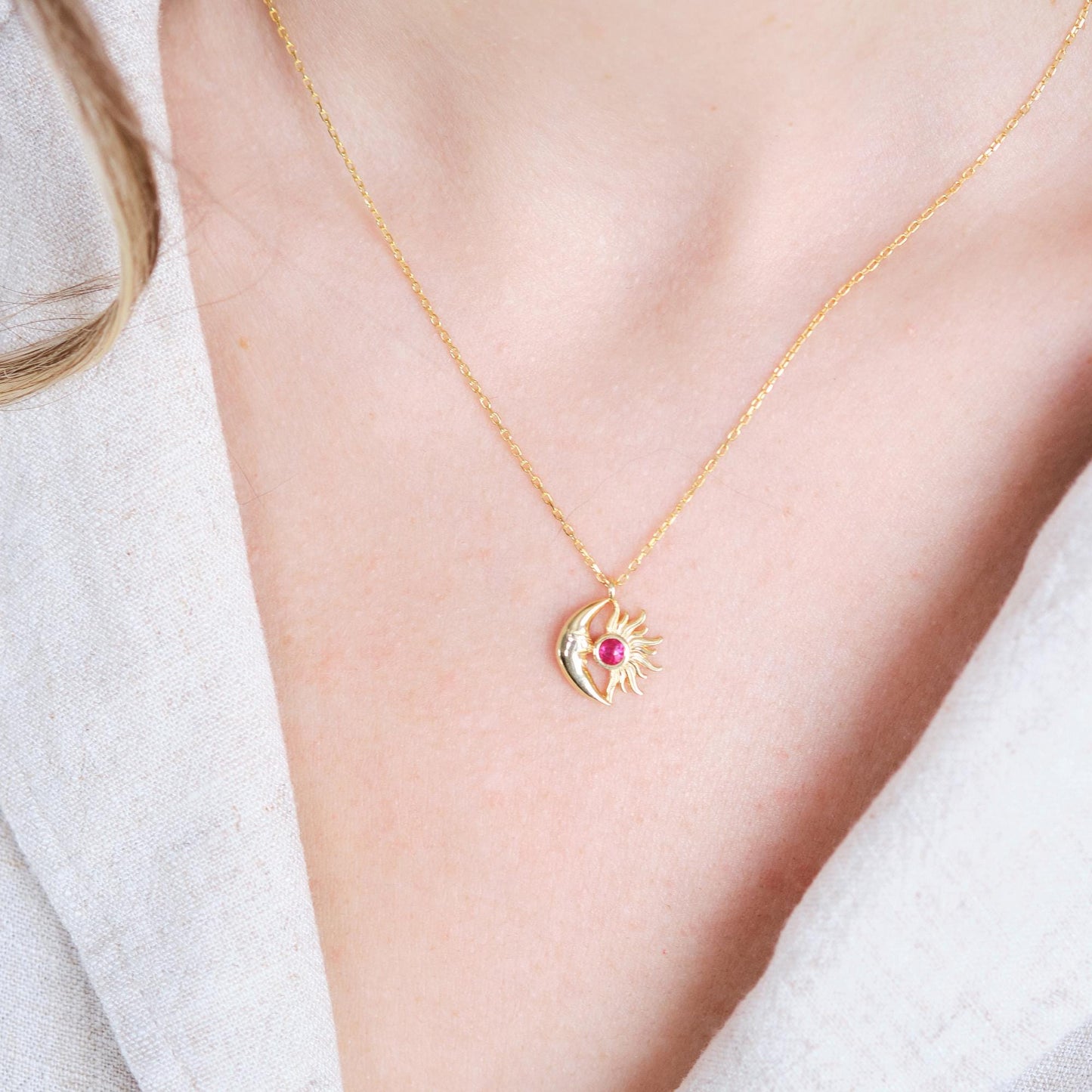 Shine bright with our Sun and Moon Necklace, featuring customizable gemstones. Choose stones that reflect your unique energy and style. This celestial-inspired piece, lets you create a truly personal and cosmic accessory
