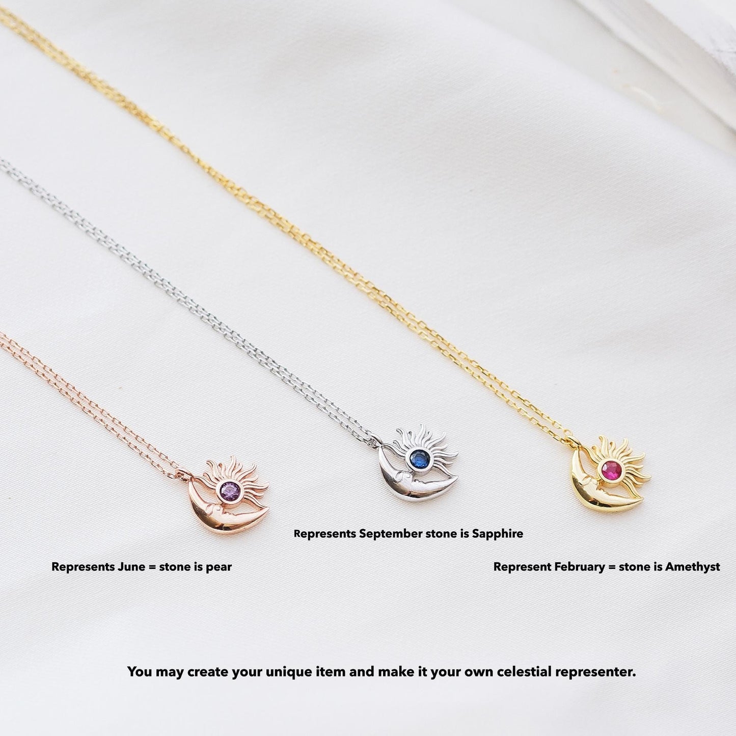 Shine bright with our Sun and Moon Necklace, featuring customizable gemstones. Choose stones that reflect your unique energy and style. This celestial-inspired piece, lets you create a truly personal and cosmic accessory