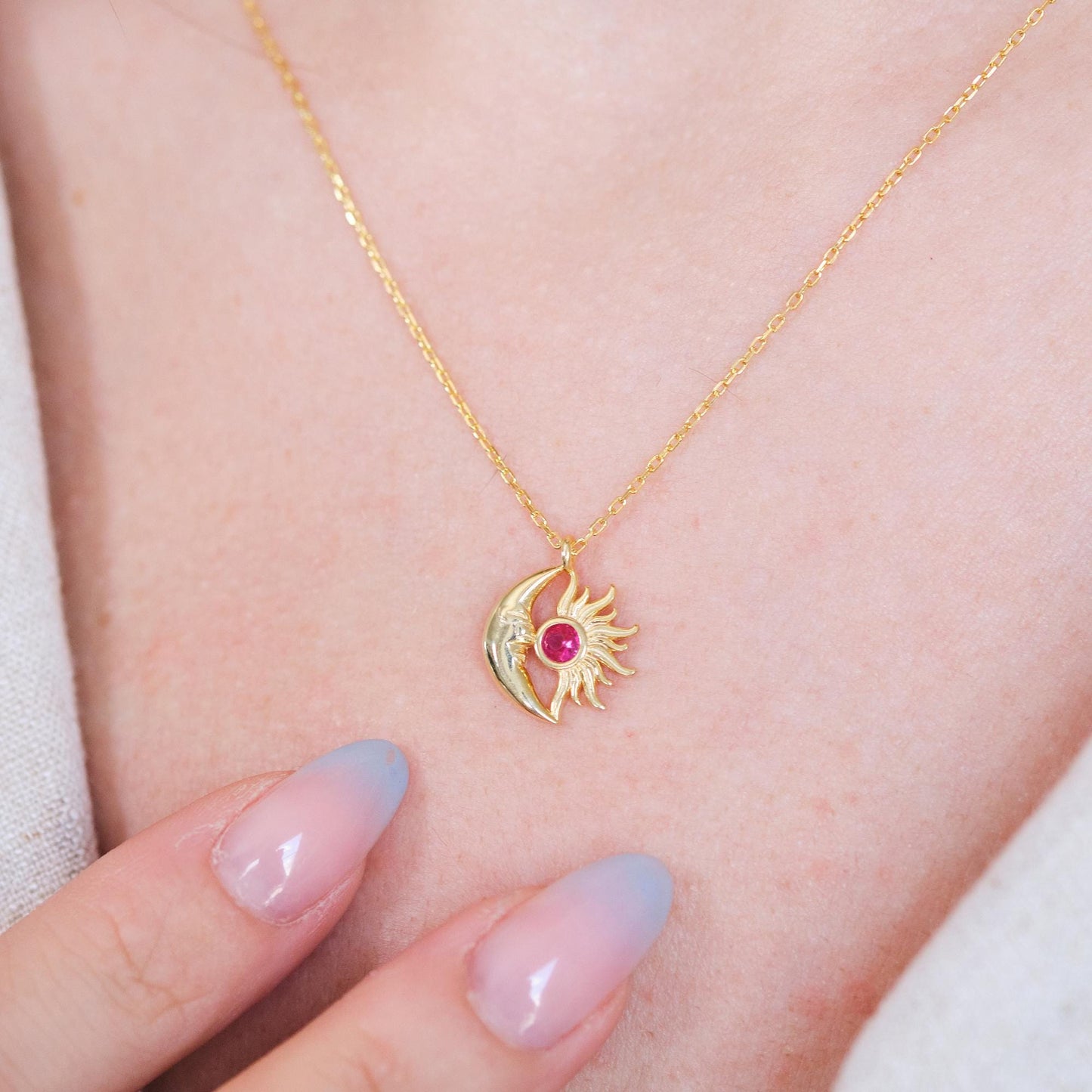 Shine bright with our Sun and Moon Necklace, featuring customizable gemstones. Choose stones that reflect your unique energy and style. This celestial-inspired piece, lets you create a truly personal and cosmic accessory