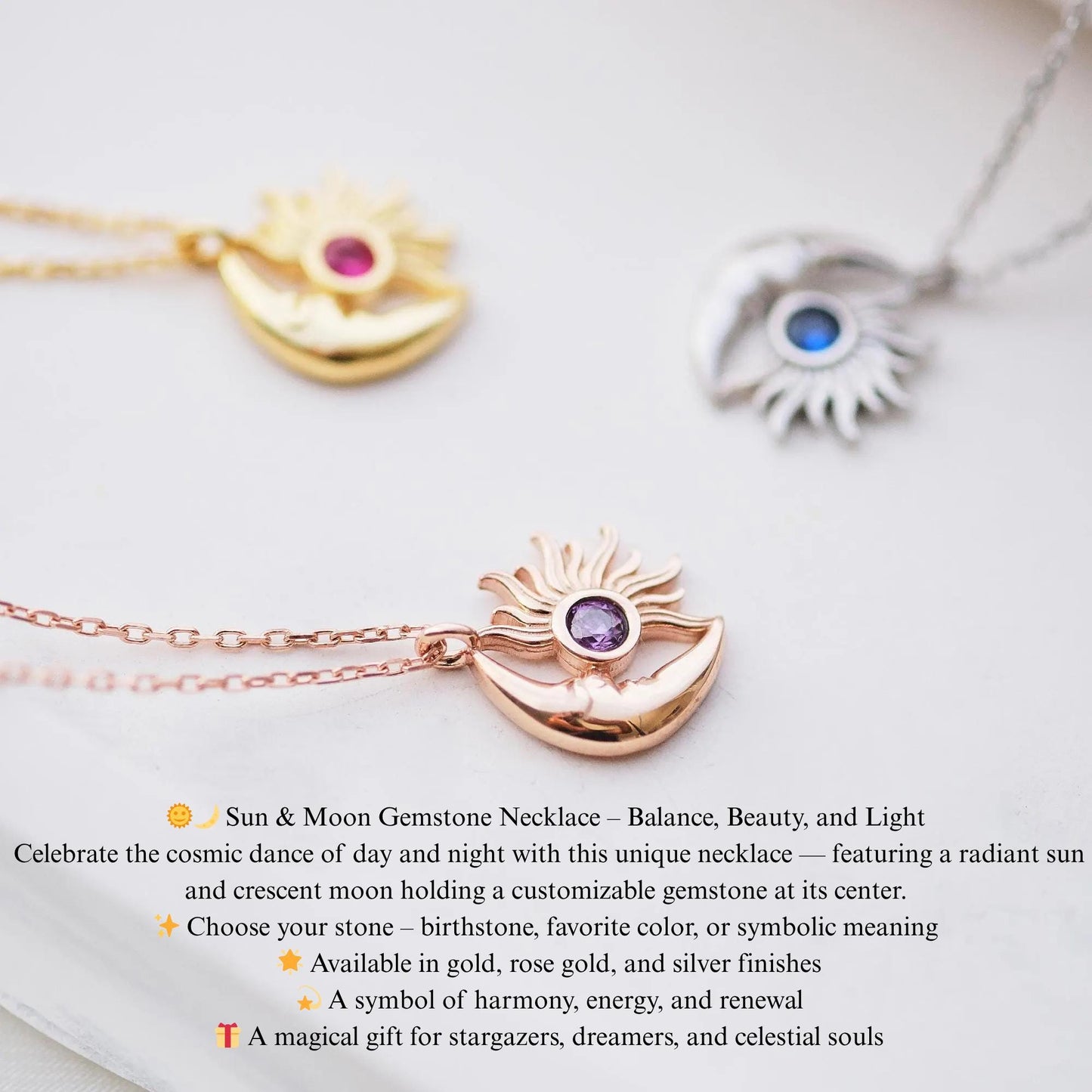 Sun and Moon Gemstone Necklace: Celestial Charm, Gold, Silver, Rose Gold