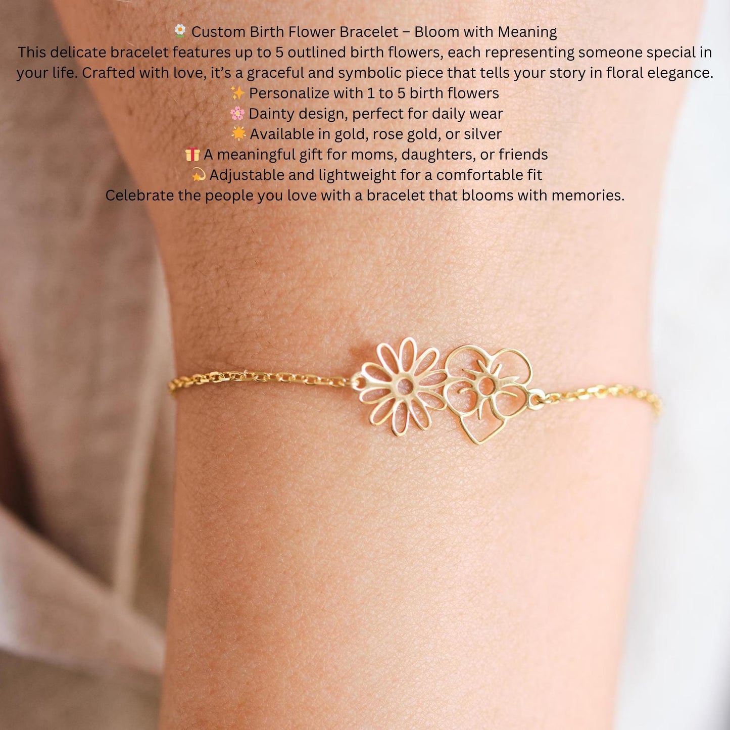 Personalized Sterling Silver Birth Flower Bracelet: Custom Floral Jewelry