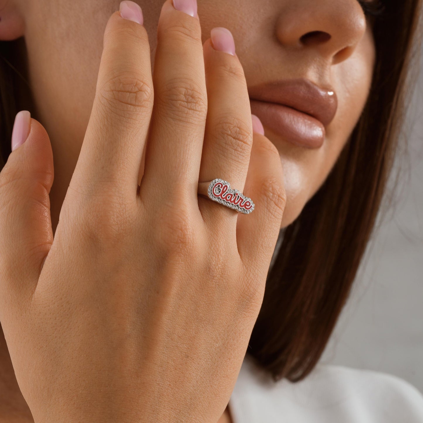 Sterling Silver Custom Script Name Ring: Enamel Letter & CZ Accent