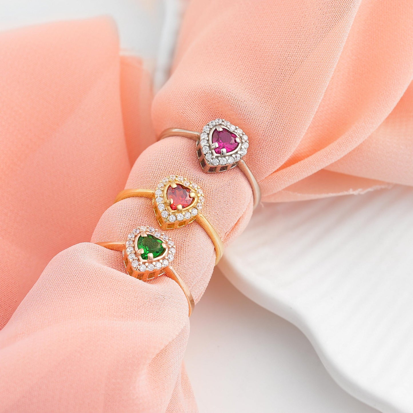 Sterling Silver Heart Birthstone Ring: CZ Halo, Personalized Jewelry