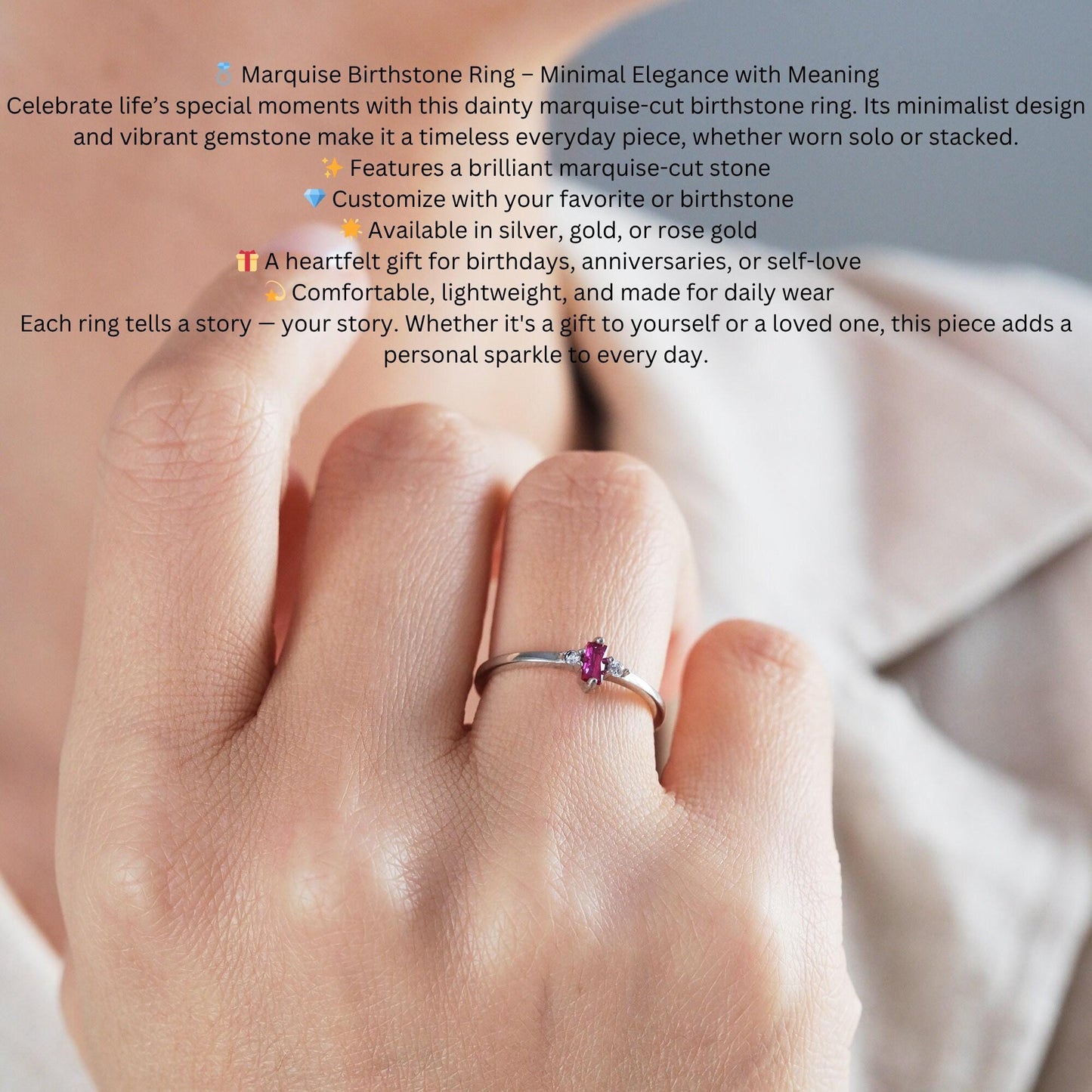 Baguette Solitaire Ring: Sterling Silver, 14K Gold, Minimalist Stacking Ring