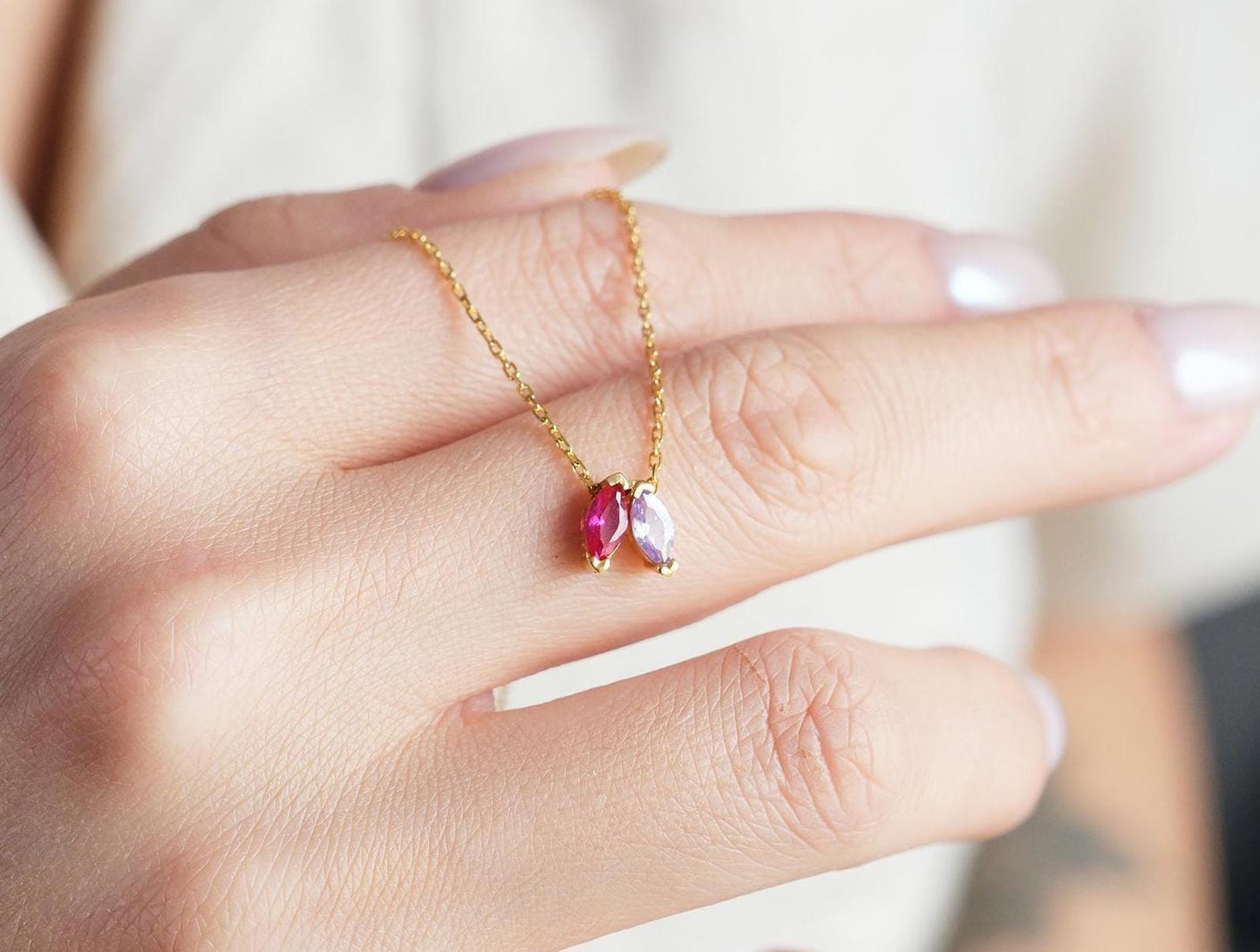 Create a truly personal accessory with our Customizable Two-Gemstone Necklace Choose two gemstones that reflect your style or hold special meaning Available in gold silver rose gold this elegant piece is the perfect way to showcase your individuality