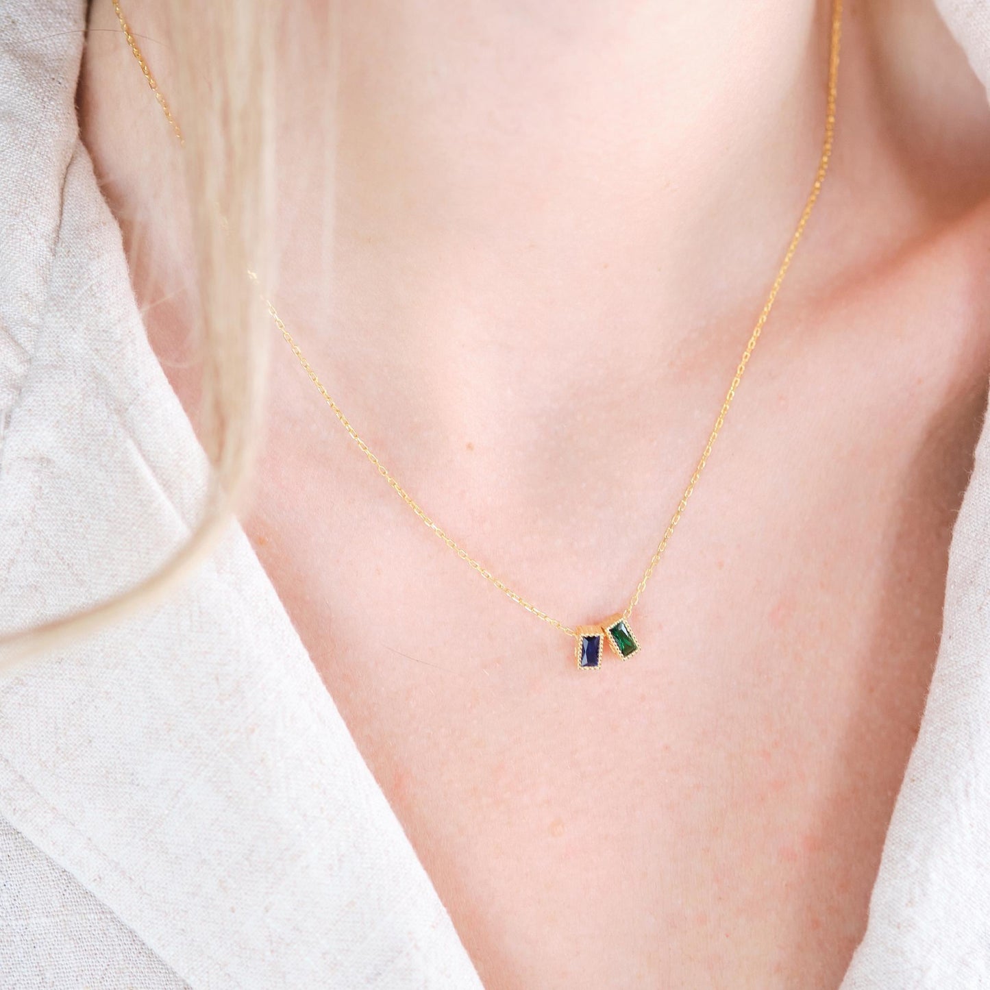 Personalize your style with our Rectangular Gemstone Necklaces. Choose a gemstone that represents you or holds special meaning. Available in gold, silver, and rose gold, these sleek, customizable pieces add a unique and elegant touch to any outfit