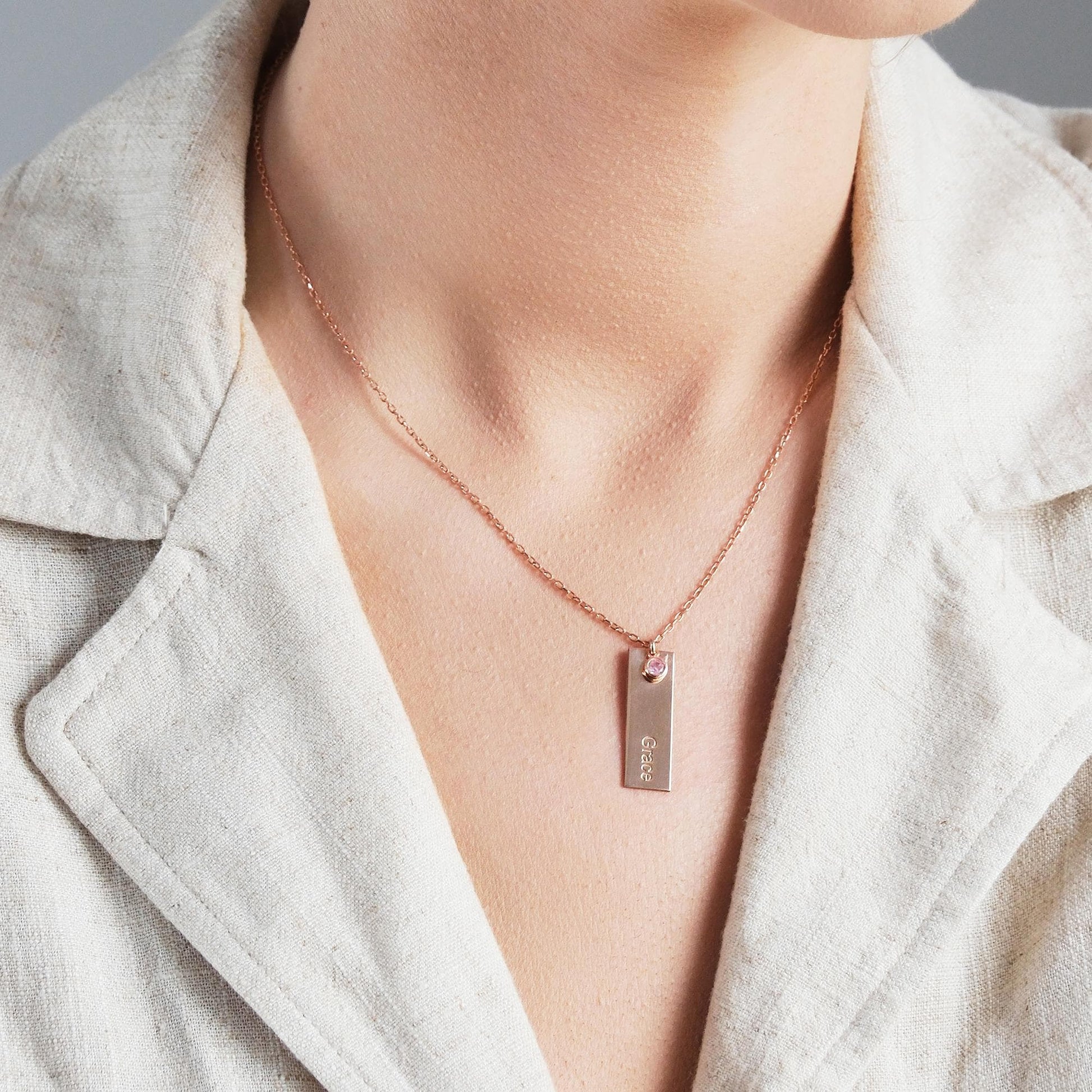 Our customizable bar necklaces with natural gemstones offer elegant personalization with name engraving. Available in gold, silver, and rose gold plating, these durable and stylish pieces perfectly enhance your personal style