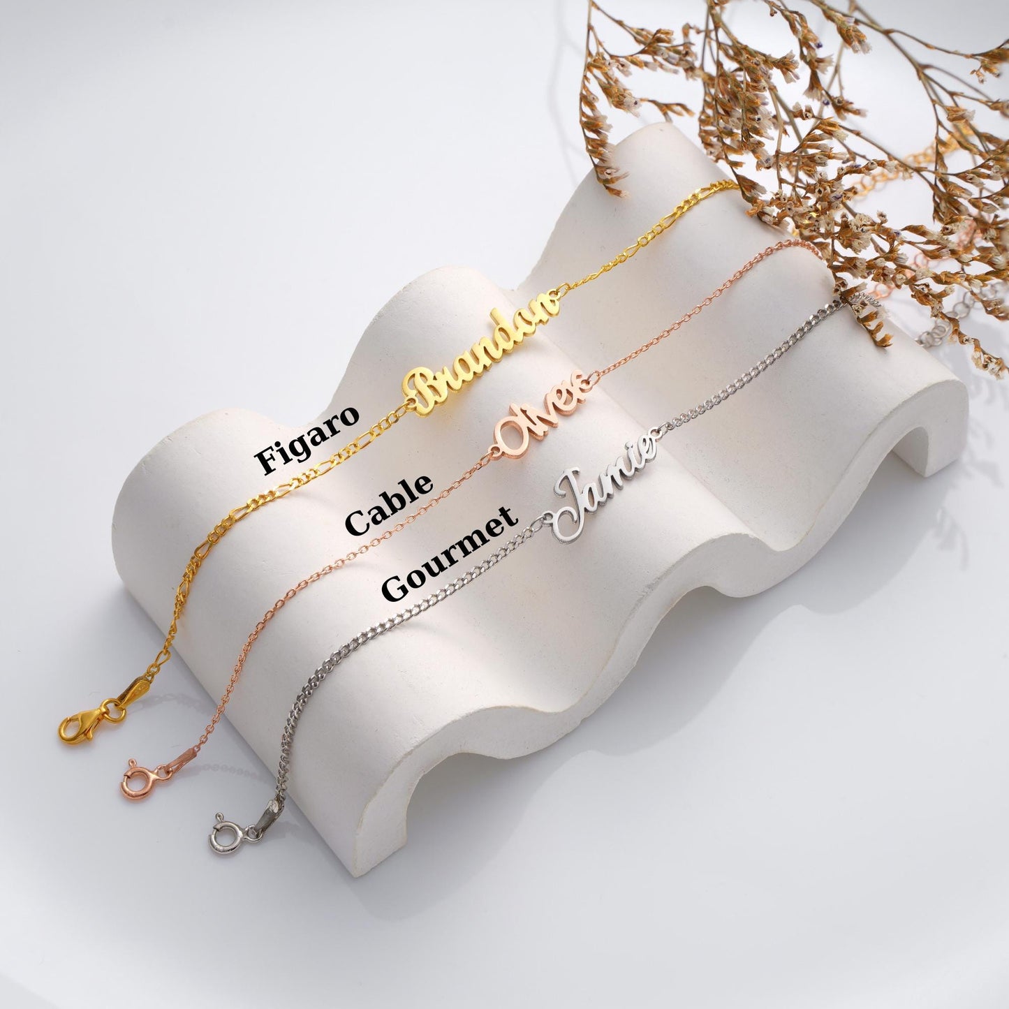 Sterling Silver Custom Name Bracelet: Figaro, Cable, Gourmet Chain