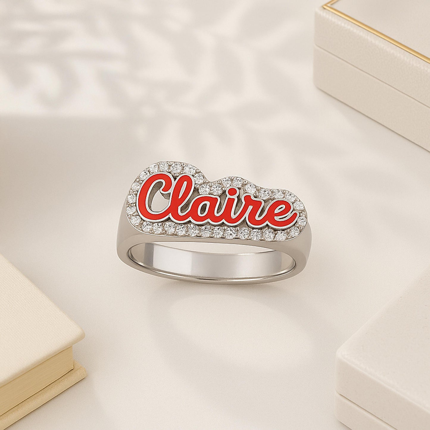 Sterling Silver Custom Script Name Ring: Enamel Letter & CZ Accent