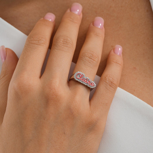 Sterling Silver Custom Script Name Ring: Enamel Letter & CZ Accent