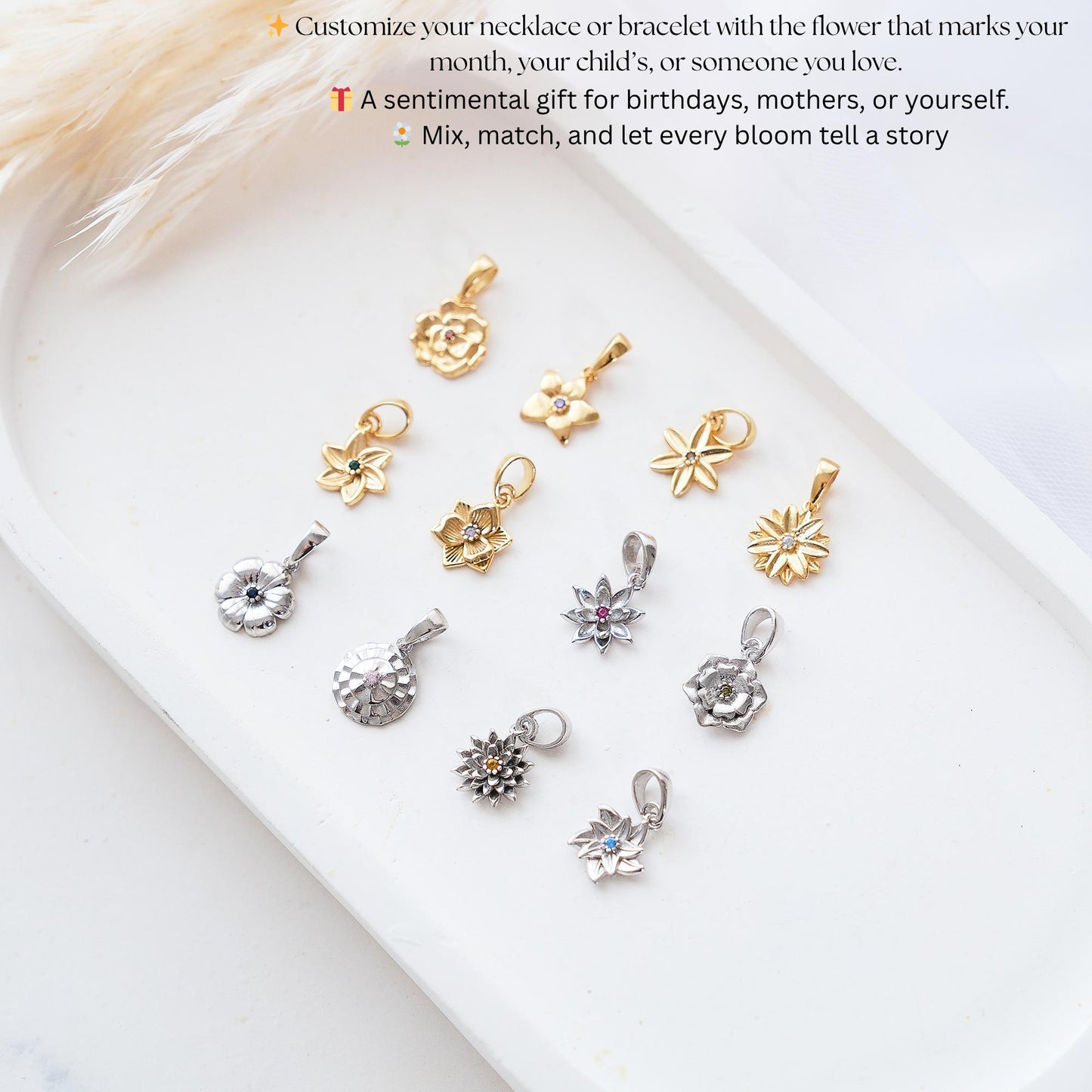 Handcrafted Birth Flower Charm Necklace: Gold, Silver, Rose Gold Pendant