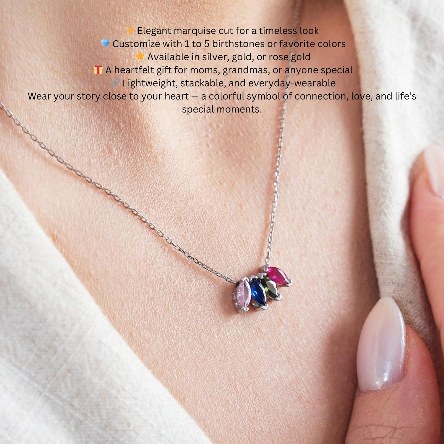 Marquise Birthstone Necklace: Gold or Silver Solitaire Pendant