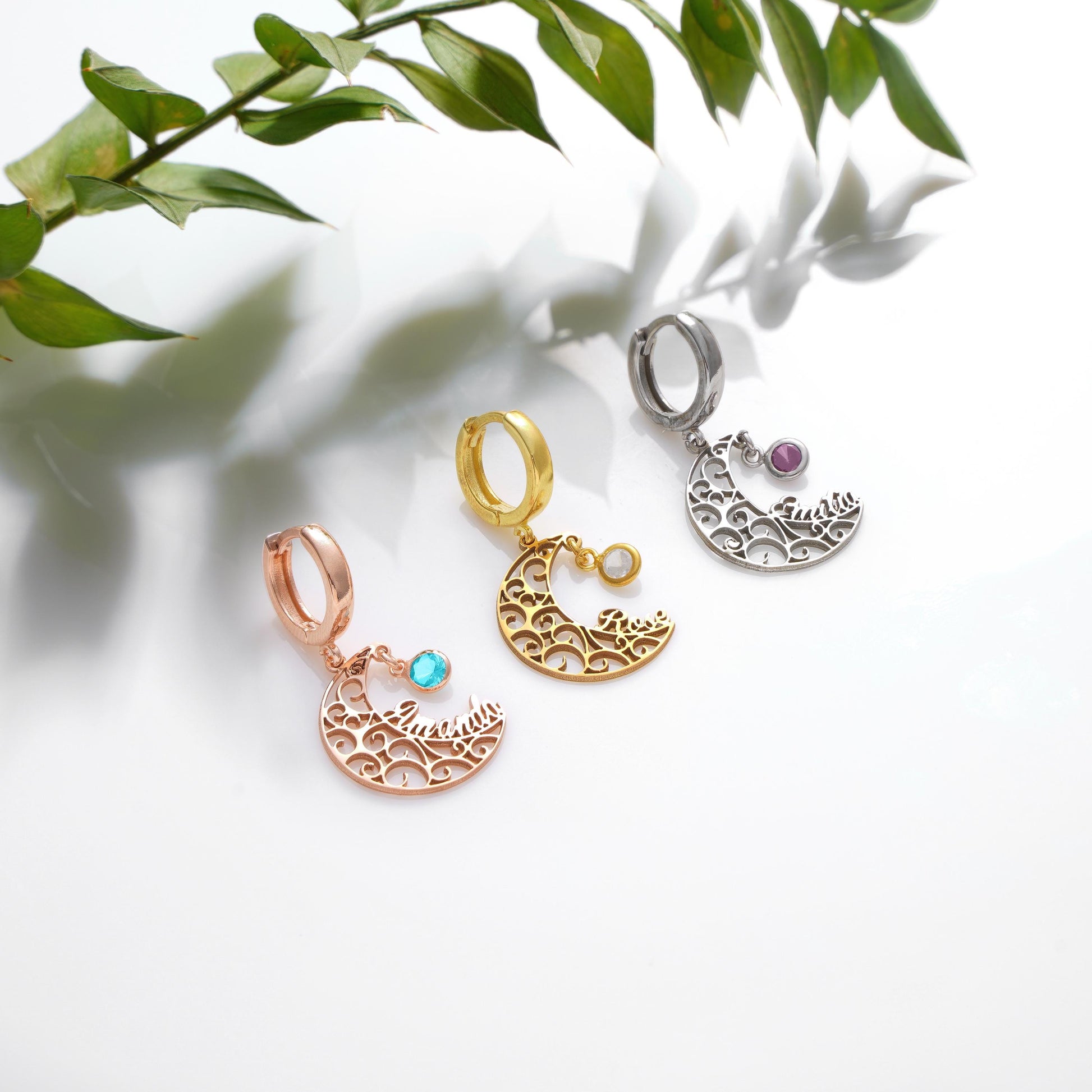 Material: 925K Sterling Silver / 14K Solid Gold  
• Finish: High-polish  
• Style: Stud or dangle (select your style)  
• Customization: Optional name, date, or initial engraving on moon  
• Birthstone: Available (CZ of your choice)  
• Sold as: Pair  

🎯 Perfect For:  
Celestial lovers – Astrology fans – Personalized gifts – Birthday jewelry – Moonchild style – Minimalist spiritual jewelry