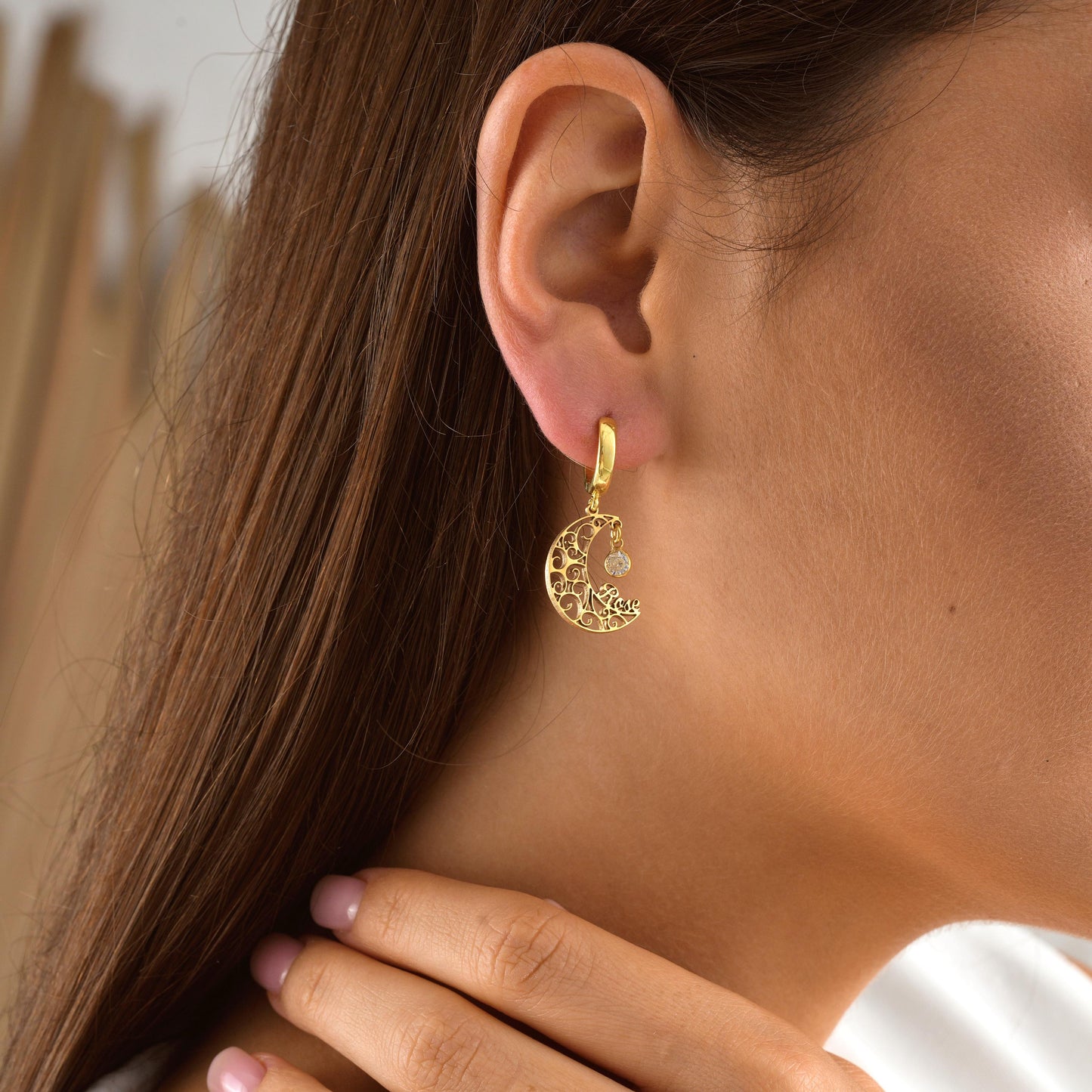 Material: 925K Sterling Silver / 14K Solid Gold  
• Finish: High-polish  
• Style: Stud or dangle (select your style)  
• Customization: Optional name, date, or initial engraving on moon  
• Birthstone: Available (CZ of your choice)  
• Sold as: Pair  

🎯 Perfect For:  
Celestial lovers – Astrology fans – Personalized gifts – Birthday jewelry – Moonchild style – Minimalist spiritual jewelry