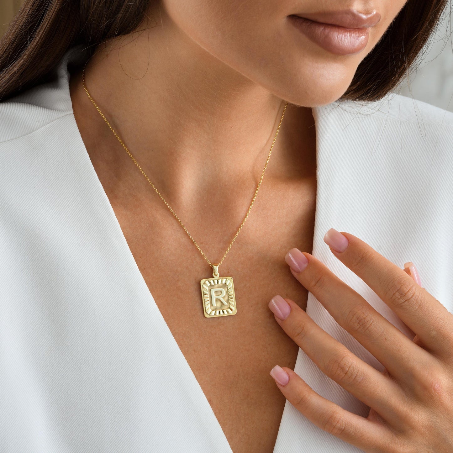 ✨ Initial Plate Pendant – Bold Identity, Timeless Design ✨  

This rectangle initial pendant features a bold raised letter framed by sunray detailing, giving it a striking and vintage-inspired look. Made from 925K Sterling Silver / 14K Solid Gold, it’s the perfect gift for someone special—or yourself.
• Pendant: Rectangular plate with raised letter and sunburst pattern  


🎯 Perfect For:  
Monogram lovers – Statement jewelry fans – Birthday gift – Personalized everyday wear – Gift for her