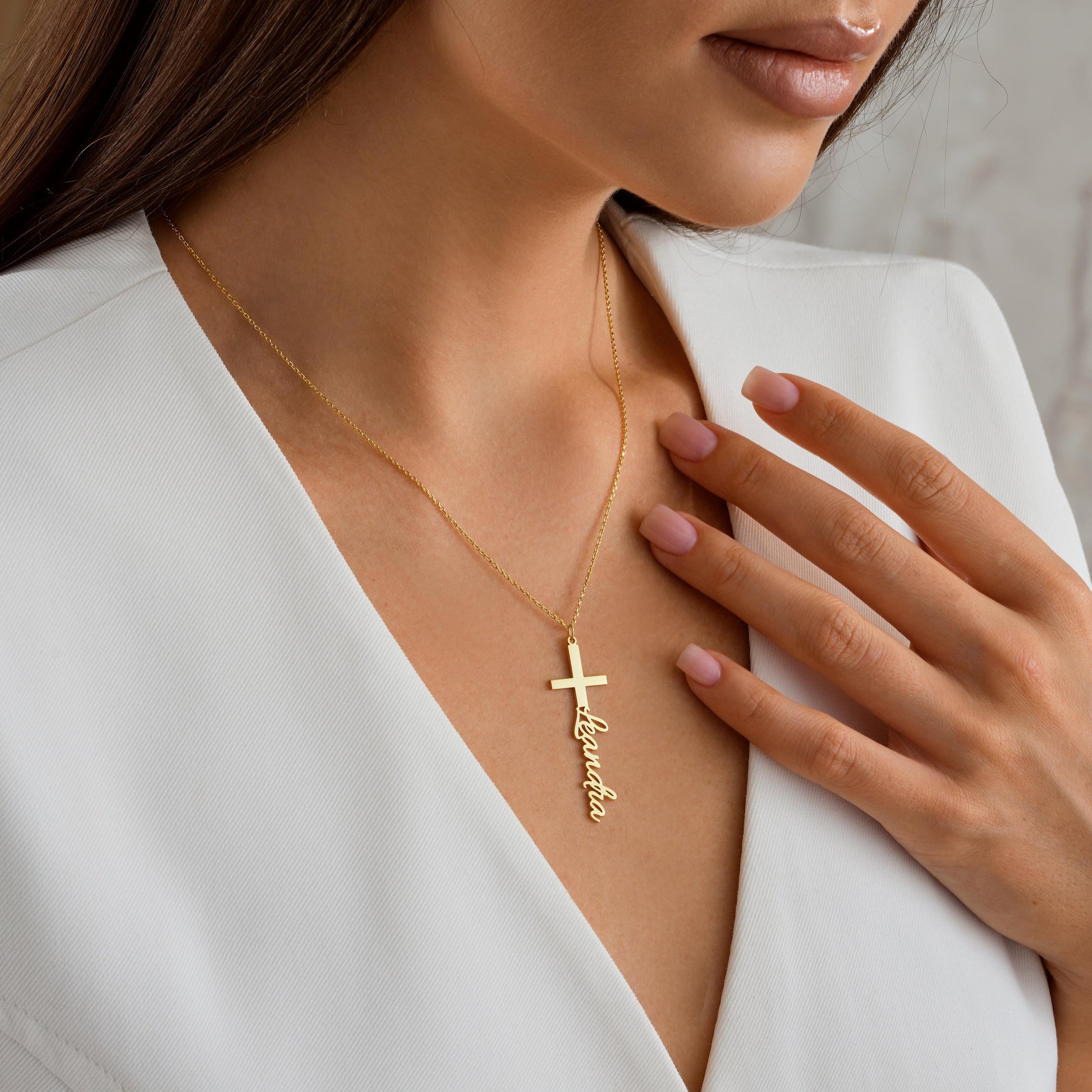 Custom Cross Name Necklace – A Faithful Touch of Personalization  This unique necklace combines the timeless symbol of the cross with your chosen name in elegant script. A perfect keepsake for expressing your faith while carrying a personal touch.
925K Sterling Silver / 14K Solid Gold  Silver, Gold, Rose Gold Any name or meaningful word Spring Ring Chain Length: Adjustable (16&quot; + 2&quot; extender)  
Christian gifts – Baptism – Confirmation – Religious holidays – Daily wear – Faith jewelry lovers