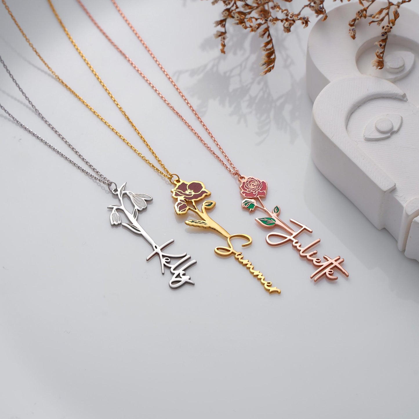 Birthday gifts  Mother’s Day Anniversary Bridesmaid gift Daily wear
Custom Birth flower Name Necklace Personalized Flower Name Pendant 
A beautiful and unique necklace combining your name with your birth flower. Perfect as a personalized gift for birthdays, anniversaries, or everyday wear.
Material: 925K Sterling Silver / 14K Solid Gold
Closure: Spring Ring
• Pendant Size: Approx. 25–35mm height (varies by name)
• Sold as: Pendant with chain included
• Hypoallergenic & safe for sensitive skin