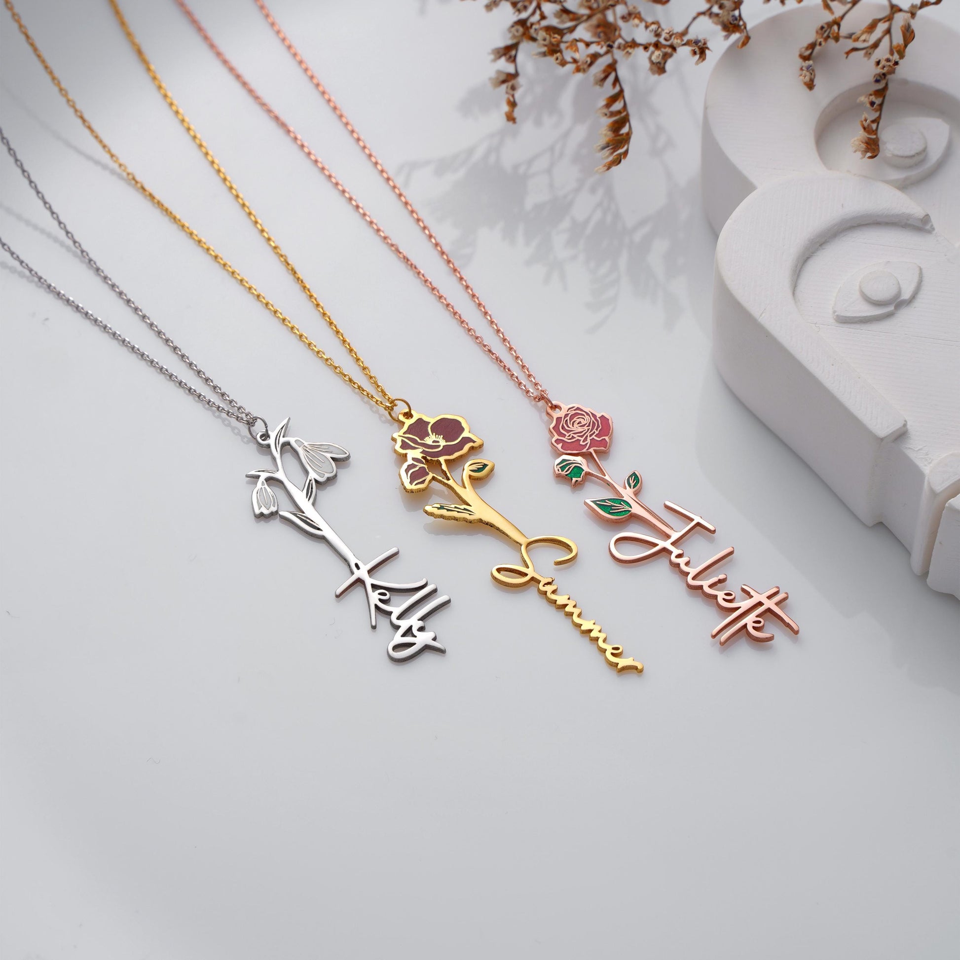 Birthday gifts  Mother’s Day Anniversary Bridesmaid gift Daily wear
Custom Birth flower Name Necklace Personalized Flower Name Pendant 
A beautiful and unique necklace combining your name with your birth flower. Perfect as a personalized gift for birthdays, anniversaries, or everyday wear.
Material: 925K Sterling Silver / 14K Solid Gold
Closure: Spring Ring
• Pendant Size: Approx. 25–35mm height (varies by name)
• Sold as: Pendant with chain included
• Hypoallergenic & safe for sensitive skin