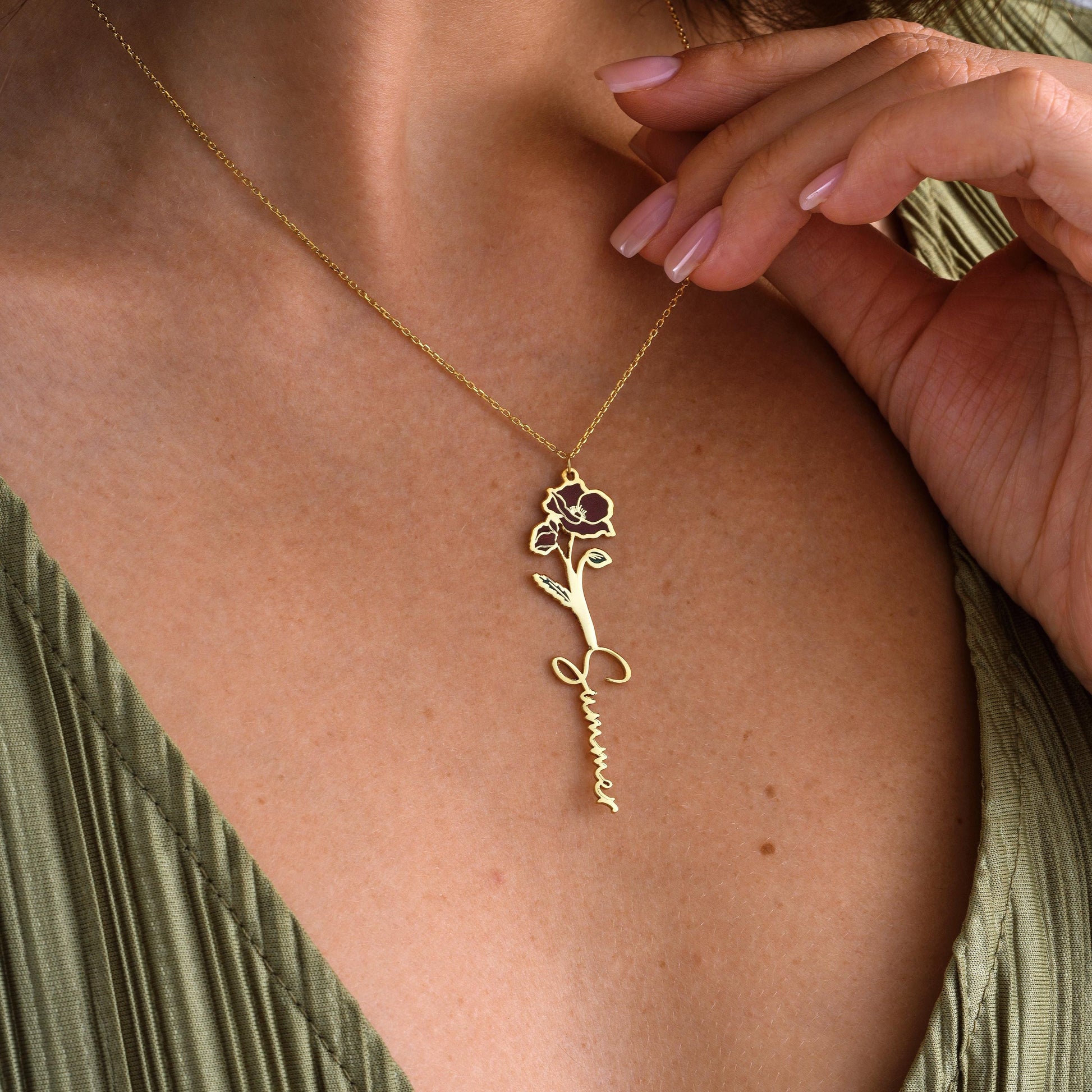 Birthday gifts  Mother’s Day Anniversary Bridesmaid gift Daily wear
Custom Birth flower Name Necklace Personalized Flower Name Pendant 
A beautiful and unique necklace combining your name with your birth flower. Perfect as a personalized gift for birthdays, anniversaries, or everyday wear.
Material: 925K Sterling Silver / 14K Solid Gold
Closure: Spring Ring
• Pendant Size: Approx. 25–35mm height (varies by name)
• Sold as: Pendant with chain included
• Hypoallergenic & safe for sensitive skin