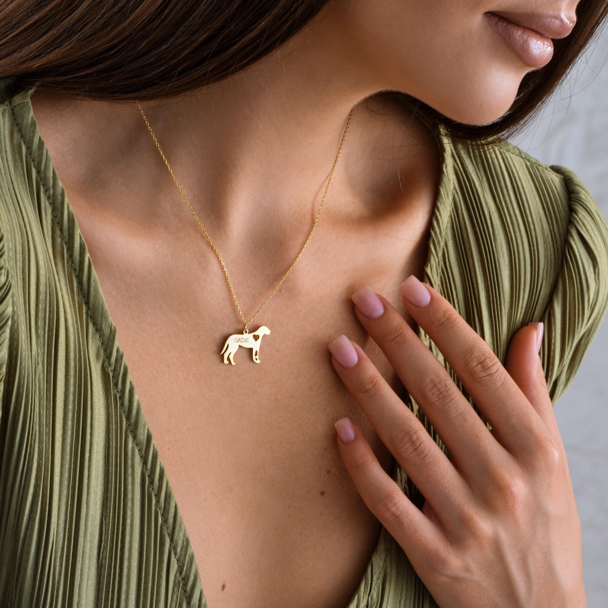 Personalized Dog Name Pendant – Custom Pet Shape Necklace with Heart ✨  

A charming necklace featuring your dog’s silhouette with a small heart cutout and personalized name engraving. A beautiful keepsake for dog lovers or a thoughtful gift for someone special.

💛 Product Details  
• Material: 925K Sterling Silver / 14K Solid Gold  
• Closure: Spring Ring  
• Pendant Size: Approx. 20–25mm (varies by breed)  
• Sold as: Pendant with chain included  
• Hypoallergenic & safe for sensitive skin