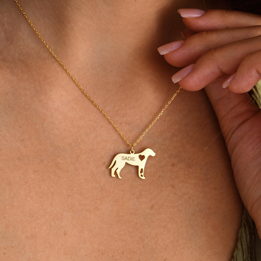 Personalized Dog Name Pendant – Custom Pet Shape Necklace with Heart ✨  

A charming necklace featuring your dog’s silhouette with a small heart cutout and personalized name engraving. A beautiful keepsake for dog lovers or a thoughtful gift for someone special.

💛 Product Details  
• Material: 925K Sterling Silver / 14K Solid Gold  
• Closure: Spring Ring  
• Pendant Size: Approx. 20–25mm (varies by breed)  
• Sold as: Pendant with chain included  
• Hypoallergenic & safe for sensitive skin