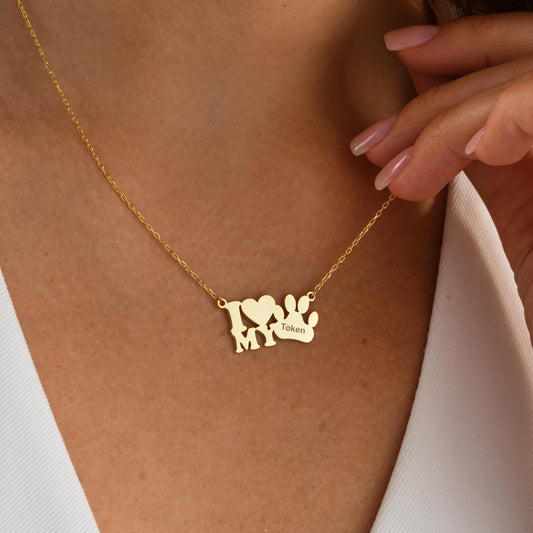 ✨ Personalized Paw Necklace – Custom I Love My Pet Pendant ✨  

A heartfelt necklace featuring a paw print design with the words &quot;I Love My Pet&quot; and your pet’s name. Perfect for celebrating the bond with your furry friend or as a thoughtful gift for a pet lover.

💛 Product Details  
• Material: 925K Sterling Silver / 14K Solid Gold  
• Closure: Spring Ring  
• Pendant Size: Approx. 20mm  
• Sold as: Pendant with chain included  
• Hypoallergenic & safe for sensitive skin