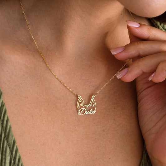 ✨ Custom Dog Ears Name Necklace – Personalized Pet Name Pendant ✨  

A stylish and modern necklace featuring your dog&#39;s ears outline with their name beautifully integrated into the design. Perfect as a gift for pet lovers or a unique keepsake to honor your furry friend.