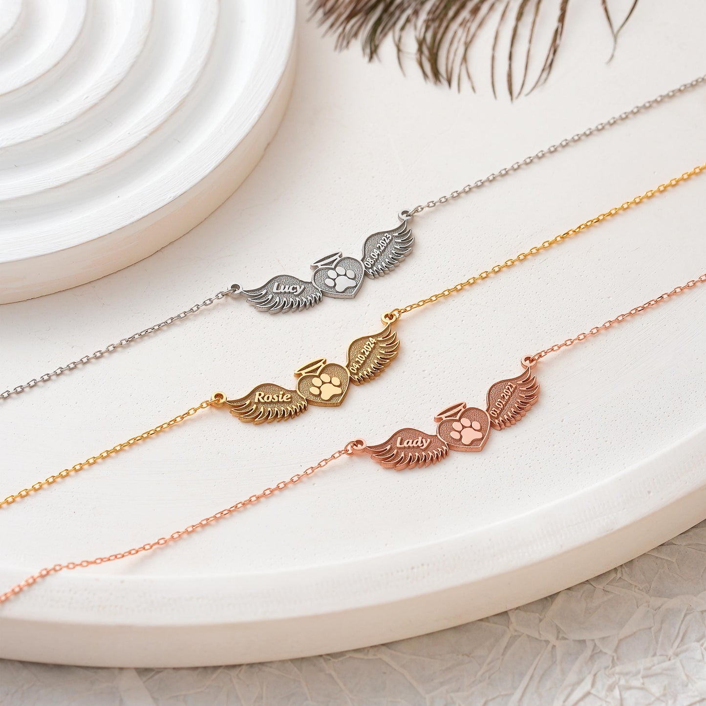 ✨ Custom Paw Angel Wings Necklace – Personalized Pet Memorial Jewelry ✨

A heartfelt necklace featuring angel wings, a paw print, and your custom engraving of a name and date. A beautiful way to remember and honor your beloved pet.

💛 Product Details
• Material: 925K Sterling Silver / 14K Solid Gold
• Closure: Spring Ring
• Pendant Size: Approx. 25-30mm
• Hypoallergenic & safe for sensitive skin