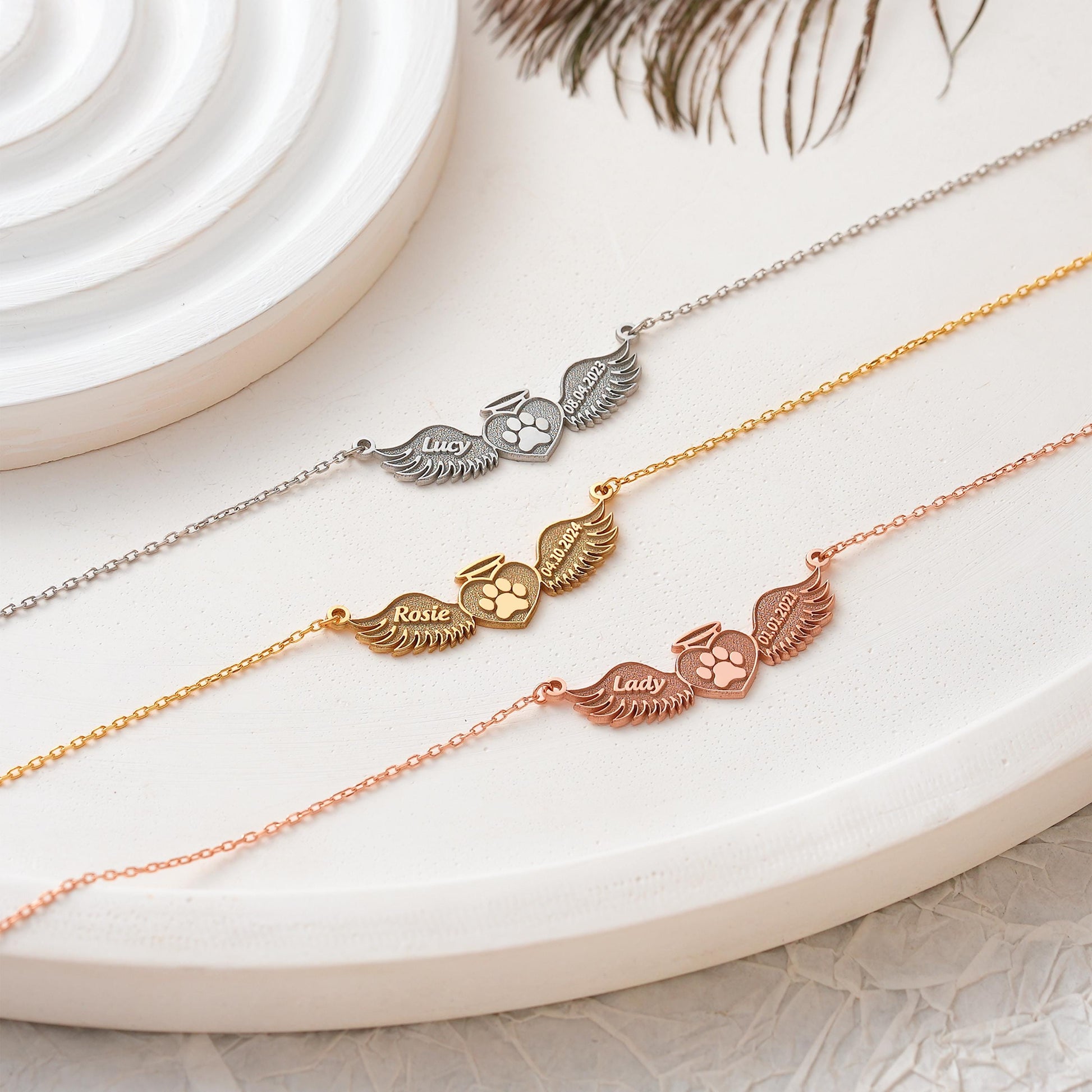 ✨ Custom Paw Angel Wings Necklace – Personalized Pet Memorial Jewelry ✨

A heartfelt necklace featuring angel wings, a paw print, and your custom engraving of a name and date. A beautiful way to remember and honor your beloved pet.

💛 Product Details
• Material: 925K Sterling Silver / 14K Solid Gold
• Closure: Spring Ring
• Pendant Size: Approx. 25-30mm
• Hypoallergenic & safe for sensitive skin