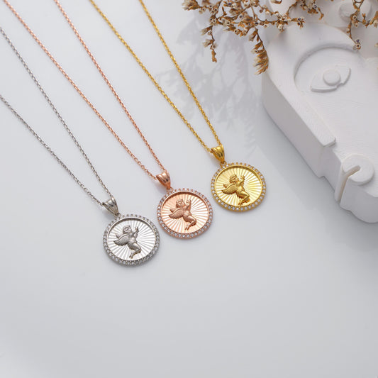 ✨A beautiful and meaningful necklace featuring a fluted round medallion with a detailed angel design, surrounded by sparkling CZ stones. A perfect symbol of protection, faith, and love, making it an ideal gift for special occasions. 🎯 Perfect For:
Religious gifts, baptism, confirmation, birthdays, anniversaries, or everyday wear.