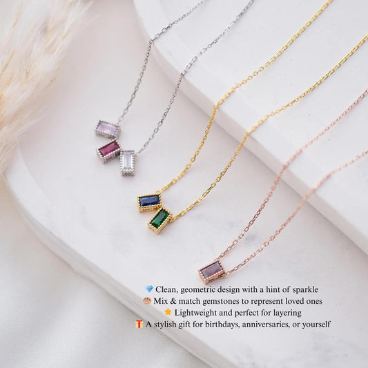 Personalized Birthstone Necklace: Baguette CZ Sterling Silver Pendant