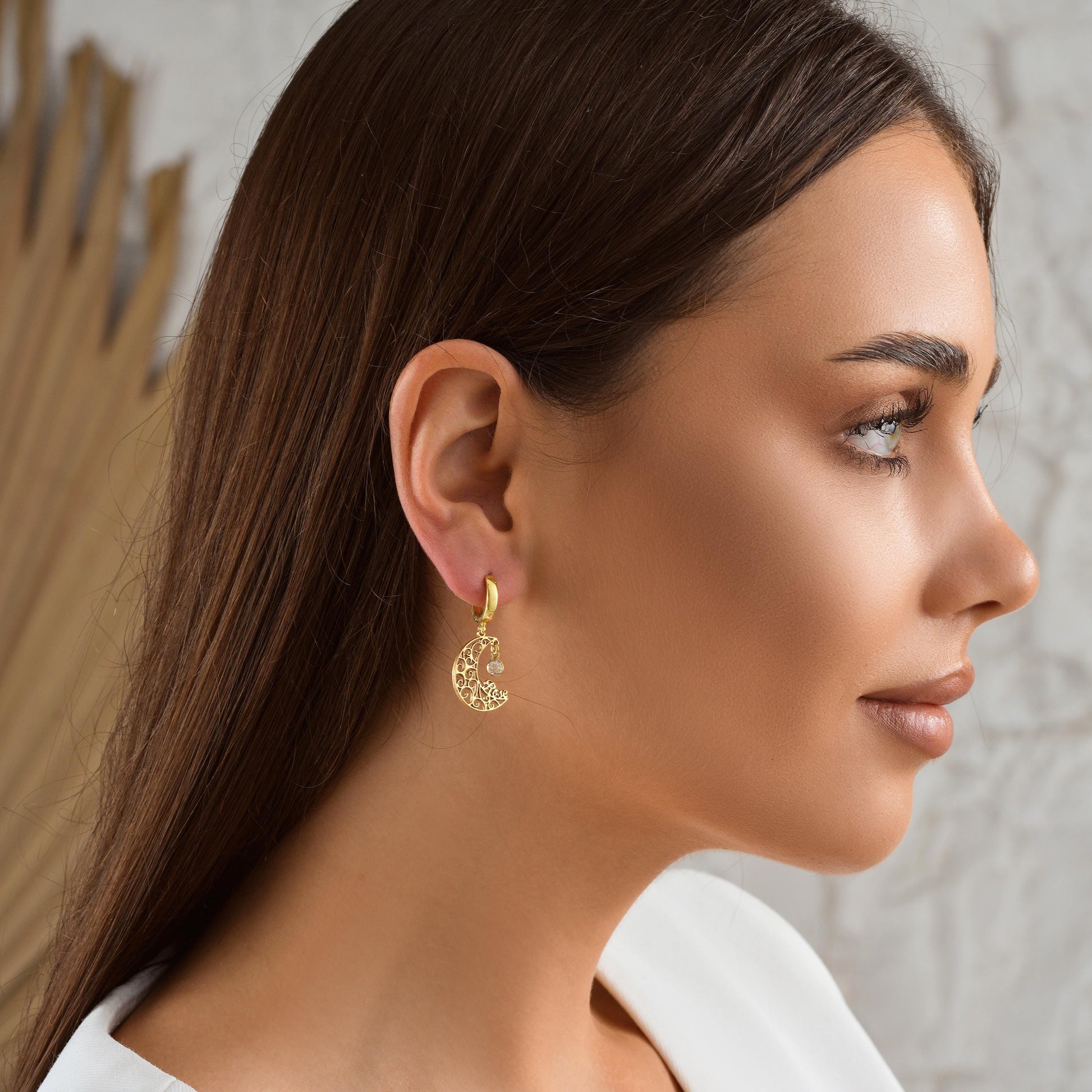 Material: 925K Sterling Silver / 14K Solid Gold  
• Finish: High-polish  
• Style: Stud or dangle (select your style)  
• Customization: Optional name, date, or initial engraving on moon  
• Birthstone: Available (CZ of your choice)  
• Sold as: Pair  

🎯 Perfect For:  
Celestial lovers – Astrology fans – Personalized gifts – Birthday jewelry – Moonchild style – Minimalist spiritual jewelry