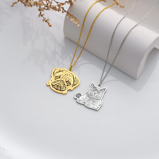 Engraved Pet Face Plate Necklace – Keep Your Pet Close Forever ✨  

Turn your pet&#39;s photo into a beautifully engraved portrait necklace. Perfect for dog and cat lovers, this custom piece makes a meaningful keepsake or a heartfelt gift.

💛 Product Details  
• Material: 925K Sterling Silver / 14K Solid Gold  
• Finish Options: Silver, Gold, Rose Gold  
• Pendant Shape: Pet face plate with detailed engraving  
• Closure: Spring Ring  
• Chain Length: Adjustable (16&quot; + 2&quot; extender)