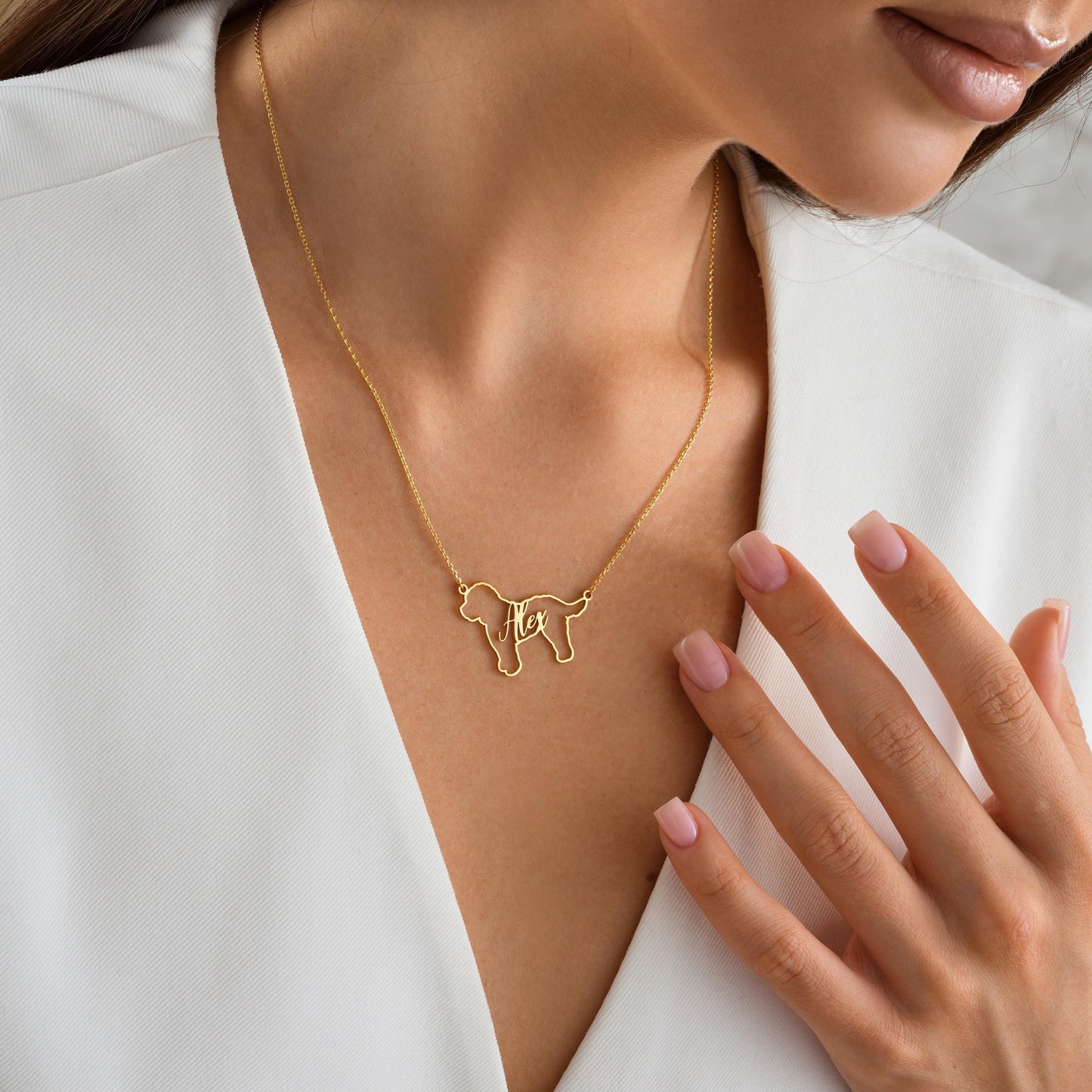 Custom Dog Name Necklace – Personalized Pet Outline Pendant ✨  

A unique necklace featuring your dog’s silhouette with your chosen name elegantly integrated into the design. Perfect for pet lovers and a meaningful keepsake to celebrate your furry friend.

💛 Product Details  
• Material: 925K Sterling Silver / 14K Solid Gold  
• Closure: Spring Ring  
• Pendant Size: Approx. 30–40mm (varies by breed)  
• Sold as: Pendant with chain included  
• Hypoallergenic & safe for sensitive skin
