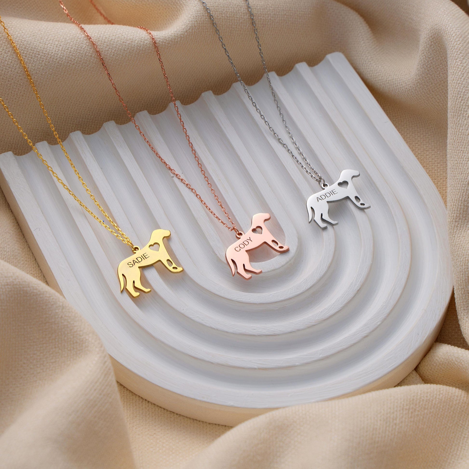 Personalized Dog Name Pendant – Custom Pet Shape Necklace with Heart ✨  

A charming necklace featuring your dog’s silhouette with a small heart cutout and personalized name engraving. A beautiful keepsake for dog lovers or a thoughtful gift for someone special.

💛 Product Details  
• Material: 925K Sterling Silver / 14K Solid Gold  
• Closure: Spring Ring  
• Pendant Size: Approx. 20–25mm (varies by breed)  
• Sold as: Pendant with chain included  
• Hypoallergenic & safe for sensitive skin