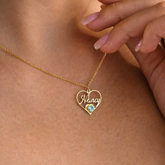 ✨ Birthstone Heart Name Necklace – Personalized Heart Pendant ✨  

A romantic and elegant necklace featuring your name inside a delicate heart outline, complete with a sparkling birthstone. Perfect as a gift for anniversaries, birthdays, or to celebrate someone special.
