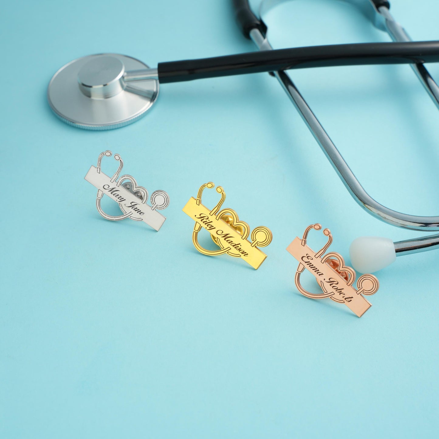 Personalized Stethoscope Name Brooch: Gold/Silver Nurse Doctor Lapel Pin