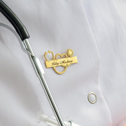 Personalized Stethoscope Name Brooch: Gold/Silver Nurse Doctor Lapel Pin